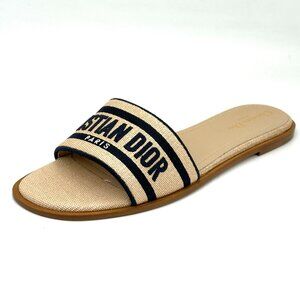 DIOR DWAY D WAY Embroidered Cotton Flat Slides Mules Sandals Shoes Beige